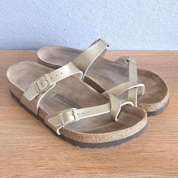 Birkenstock Mayari Metallic Gold Thong Sandals Womens 38 US 7 7.5 Vegan Leather - Picture 1 of 10